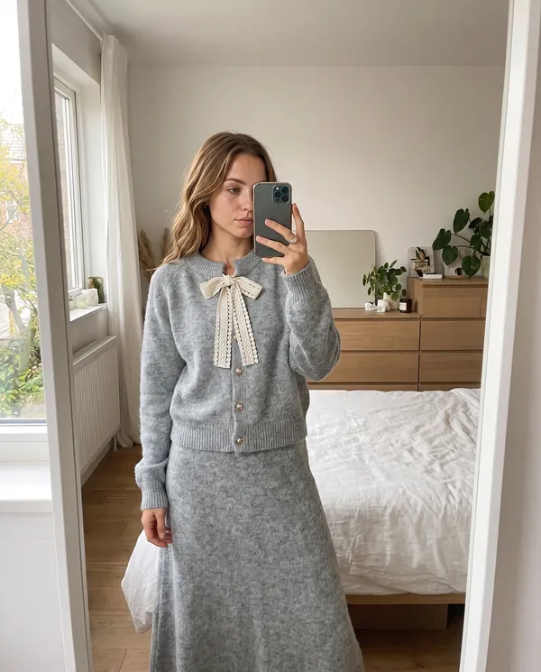 Satin Eve styling: Bow Tie Cardigan and Knit Midi Skirt Set