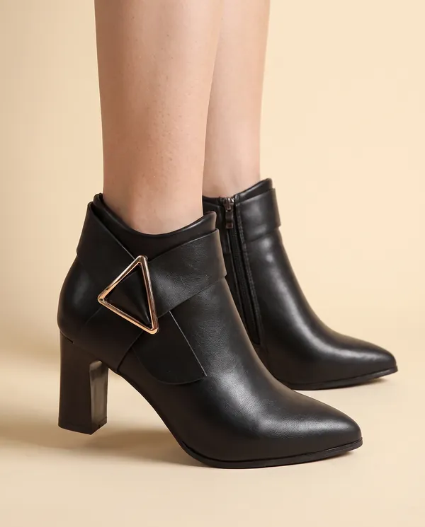 Buckle-Wrap Heeled Ankle Boot in Black, close-up of the detail