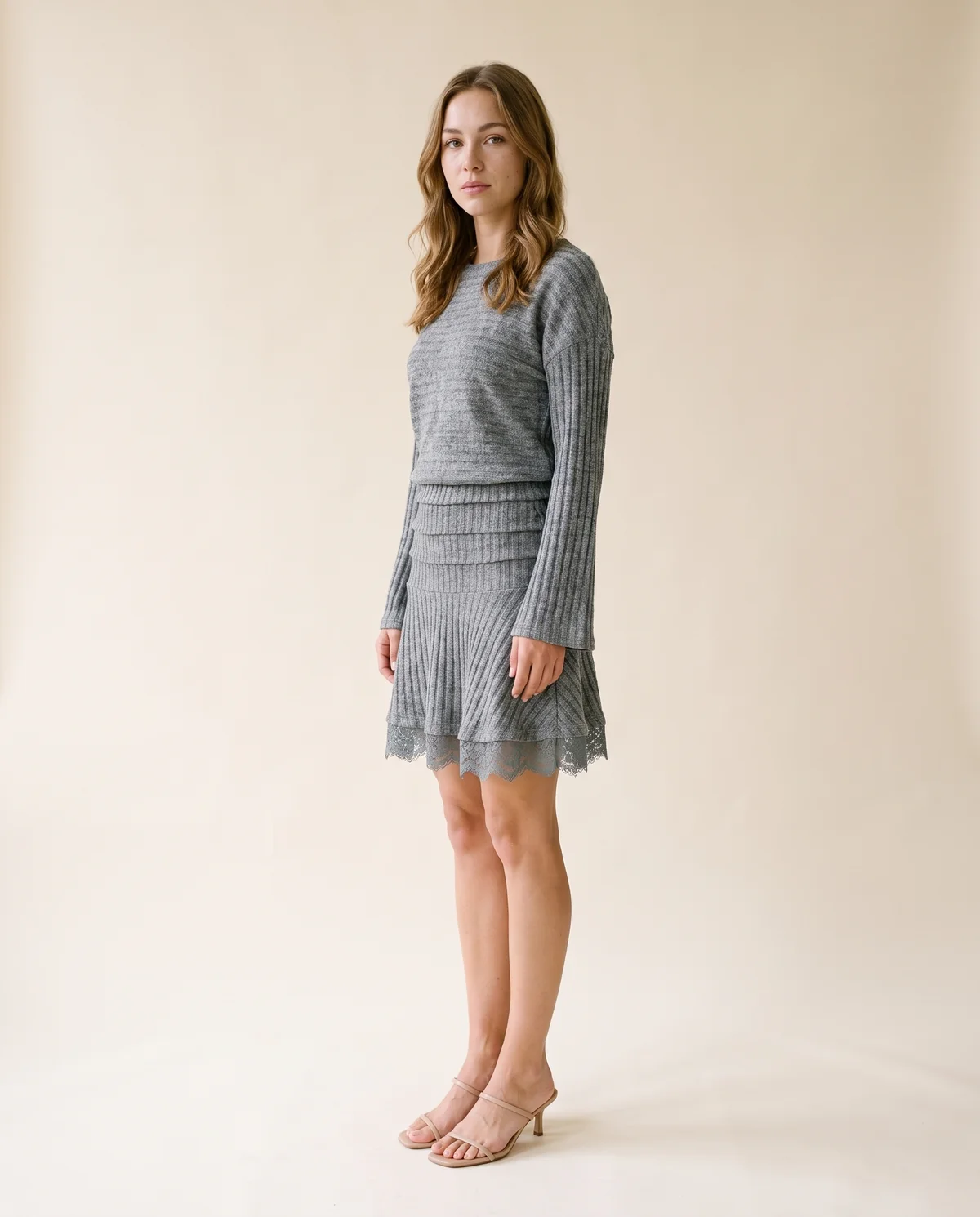 Rib Knit Jumper and Lace Hem Mini Skirt Set in Heather Grey, side view, worn by Ava