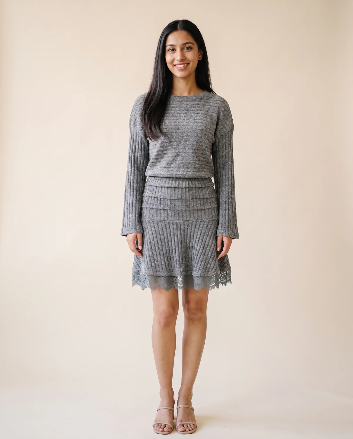 Rib Knit Jumper and Lace Hem Mini Skirt Set in Heather Grey, front view, worn by Priya