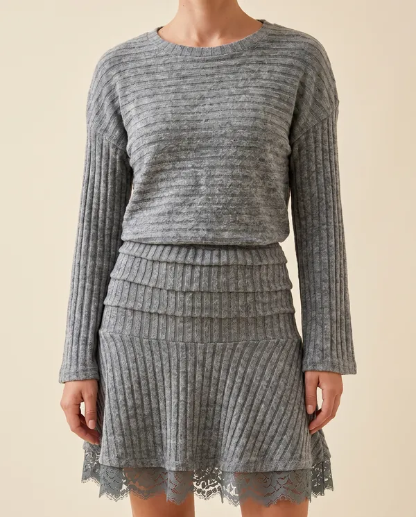 Rib Knit Jumper and Lace Hem Mini Skirt Set in Heather Grey, close-up of the detail