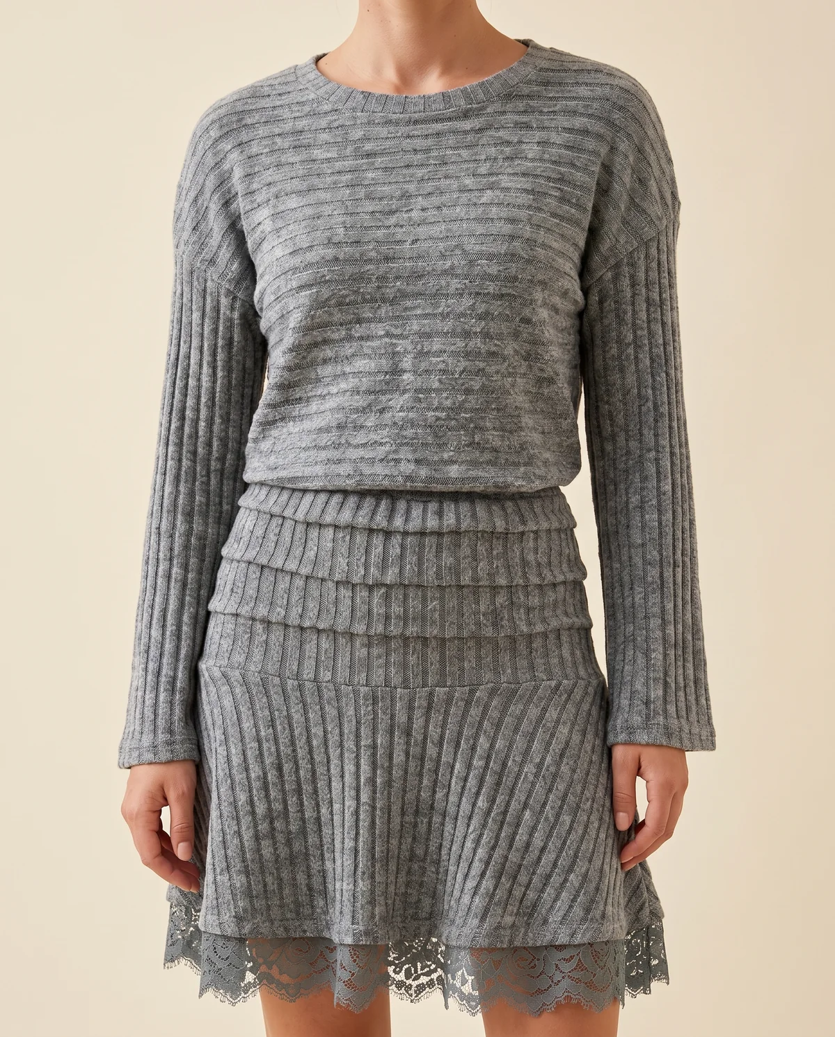 Rib Knit Jumper and Lace Hem Mini Skirt Set in Heather Grey, close-up of the detail