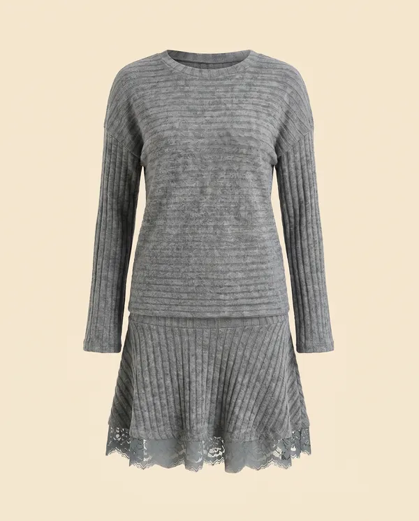 Rib Knit Jumper and Lace Hem Mini Skirt Set in Heather Grey, product shot on a plain background