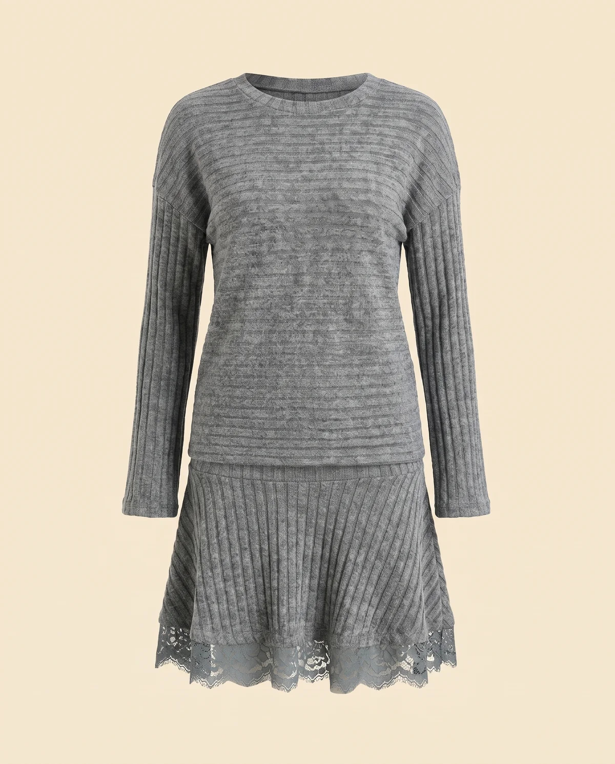 Rib Knit Jumper and Lace Hem Mini Skirt Set in Heather Grey, product shot on a plain background