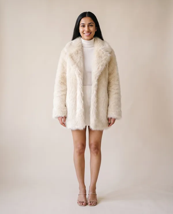 Faux Fur Coat with Wide Collar and Long Pile in Cream, front view, worn by Priya
