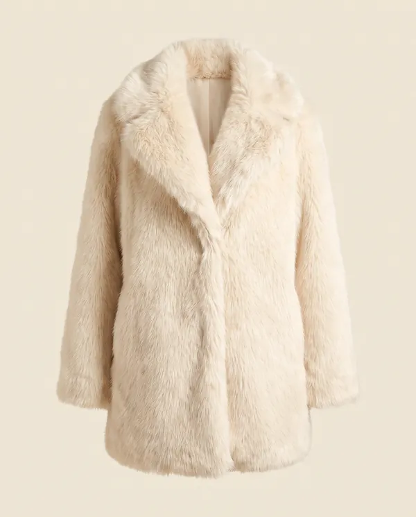 Faux Fur Coat with Wide Collar and Long Pile in Cream, product shot on a plain background