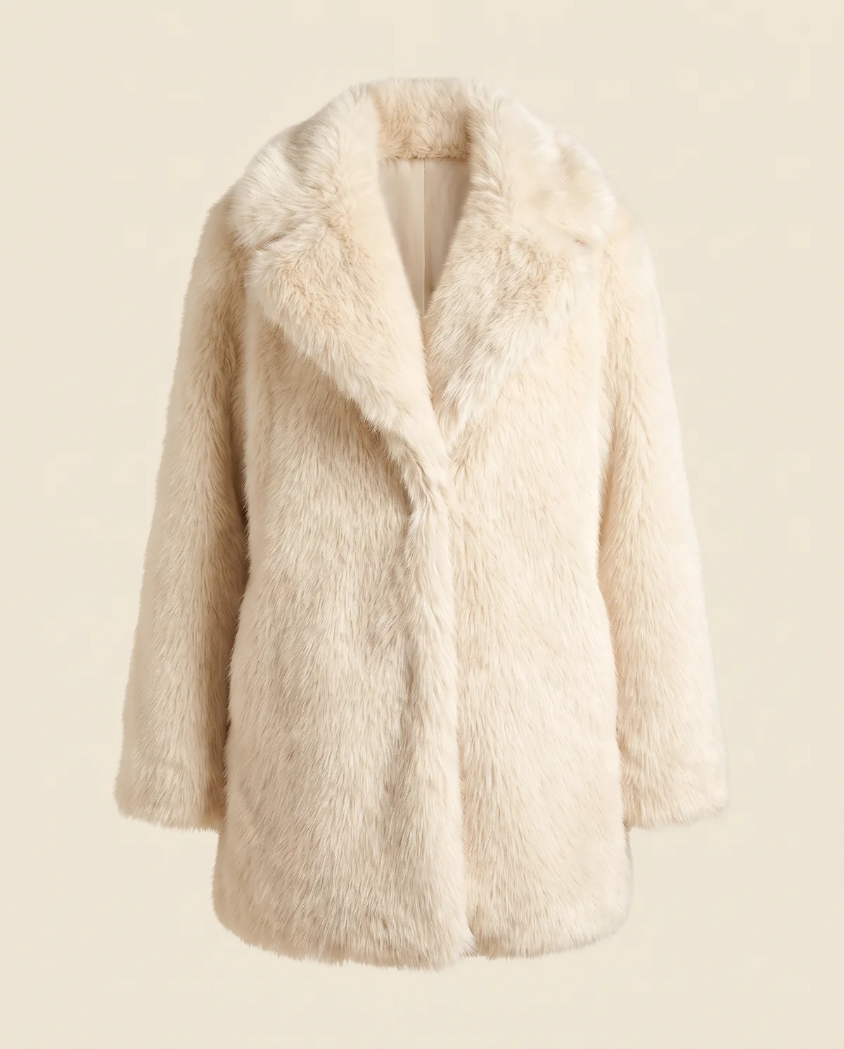 Faux Fur Coat with Wide Collar and Long Pile in Cream, product shot on a plain background