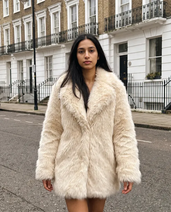 Satin Eve styling: Faux Fur Coat with Wide Collar and Long Pile