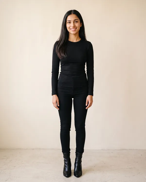Stretch Pointed Block-Heel Ankle Boot in Black, front view, worn by Priya