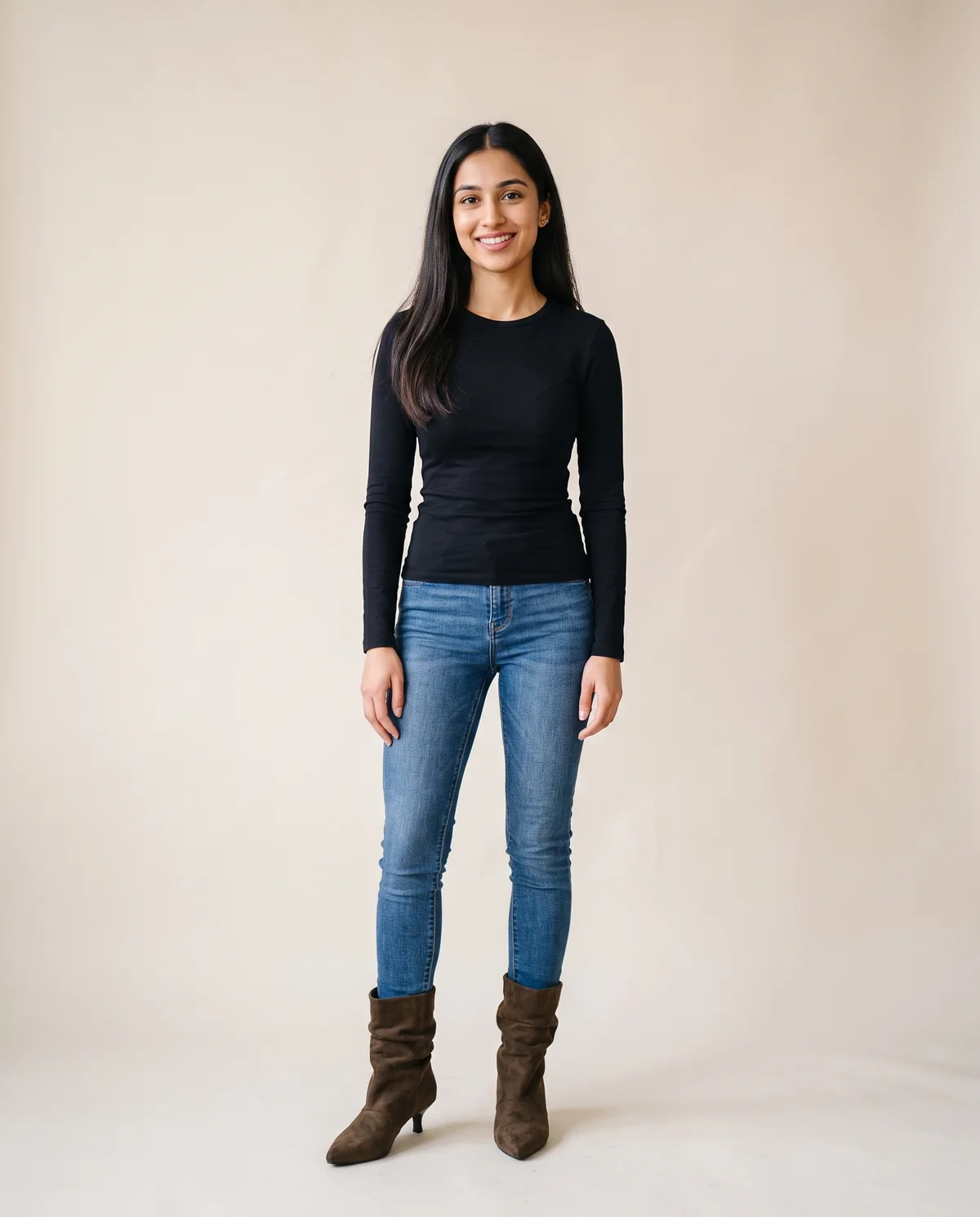 Kitten-Heel Faux Suede Slouch Boot in Deep Brown, front view, worn by Priya