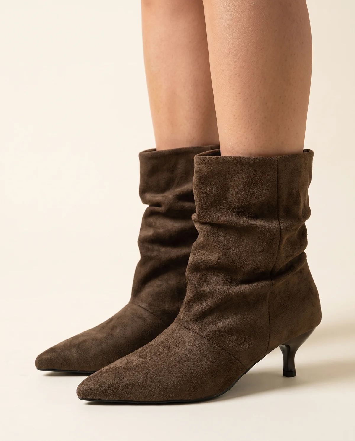 Kitten-Heel Faux Suede Slouch Boot in Deep Brown, close-up of the detail