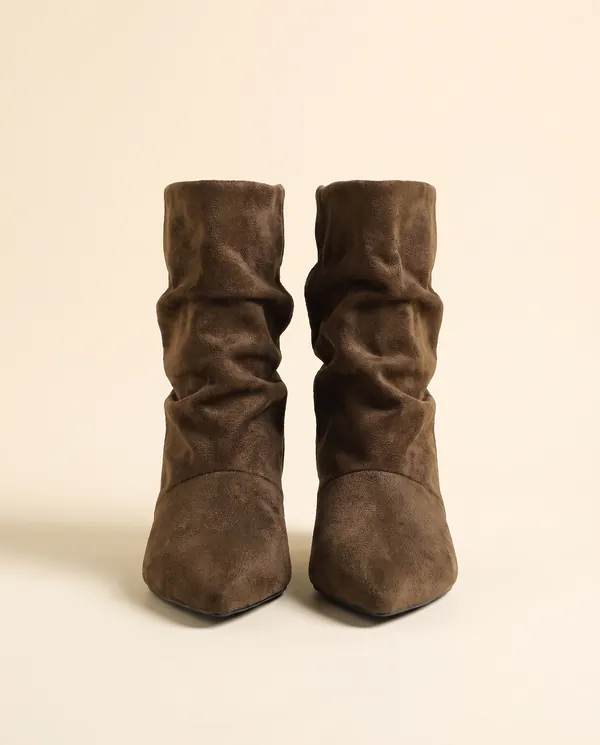 Kitten-Heel Faux Suede Slouch Boot in Deep Brown, product shot on a plain background