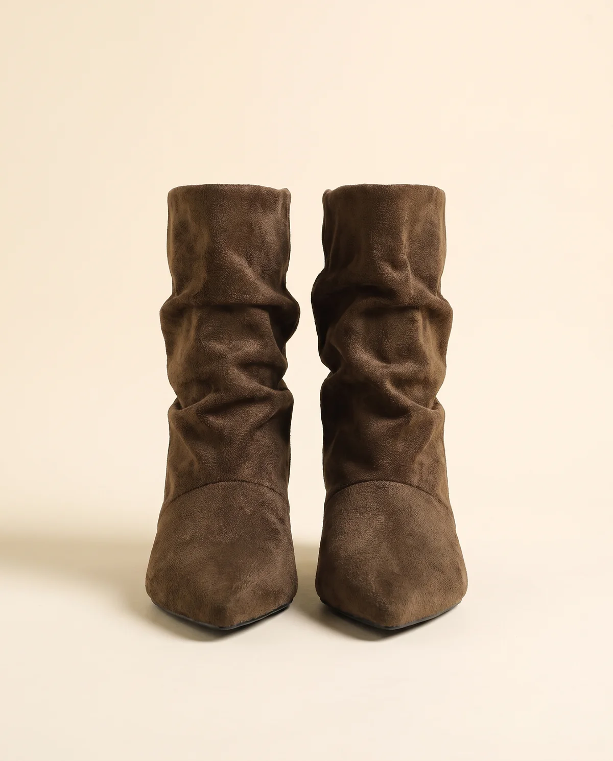 Kitten-Heel Faux Suede Slouch Boot in Deep Brown, product shot on a plain background