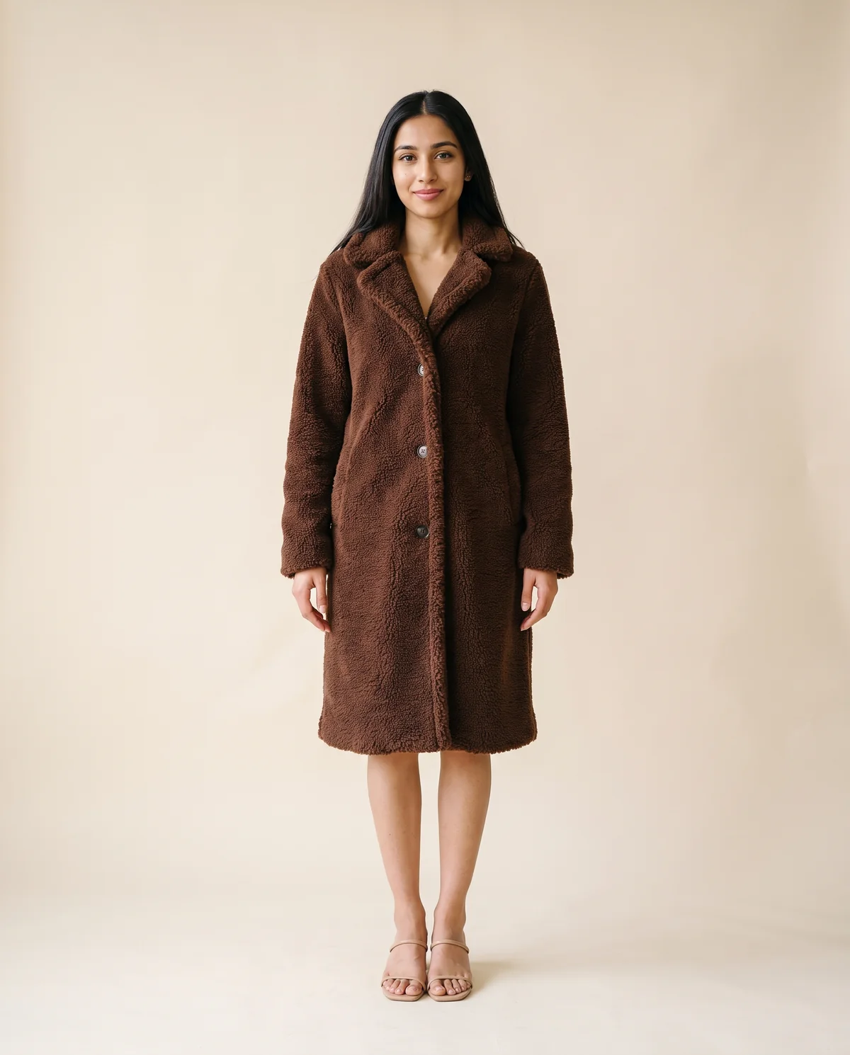 Button-Through Teddy Coat in Chocolate, front view, worn by Priya