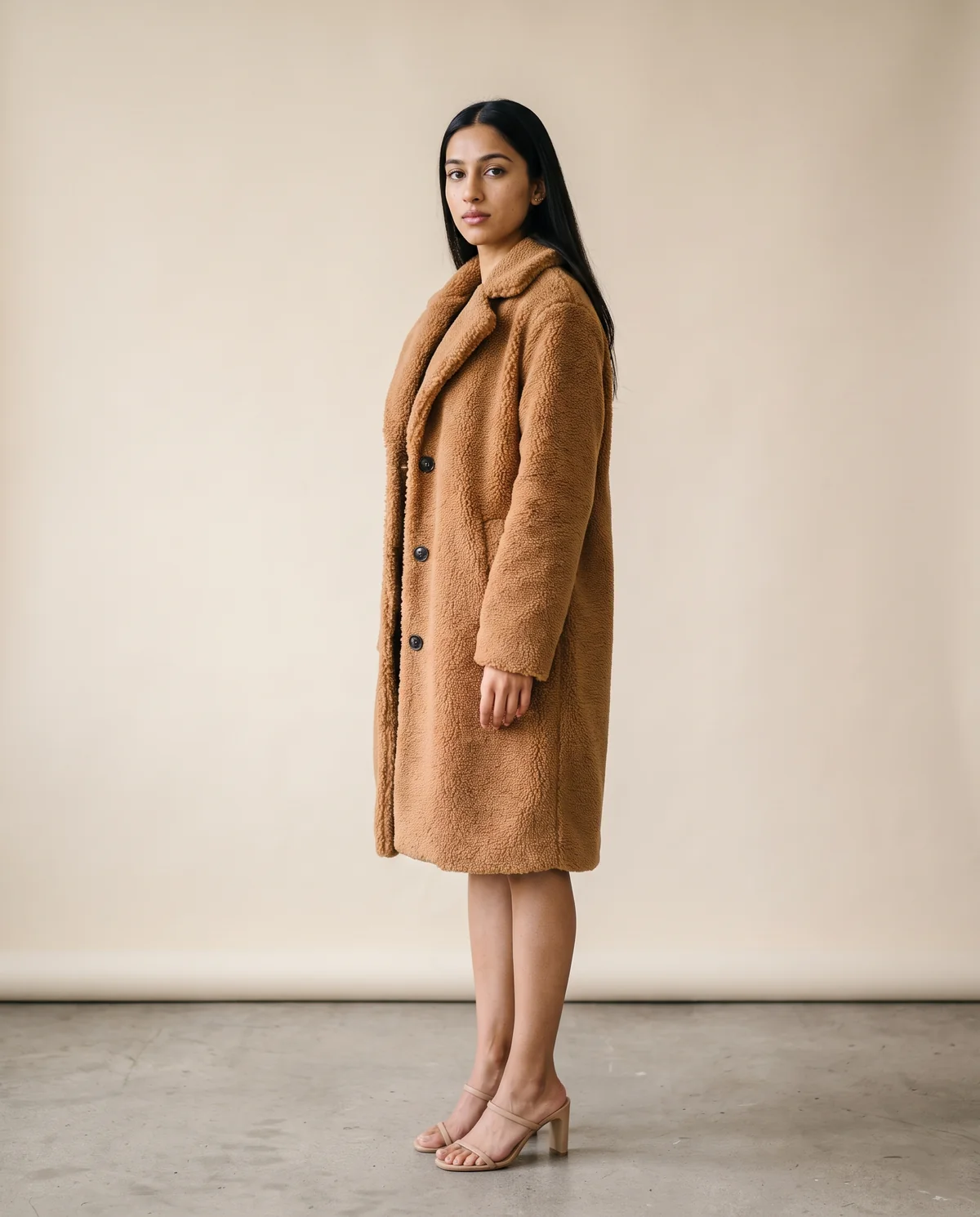 Button-Through Teddy Coat in Camel, side view, worn by Priya