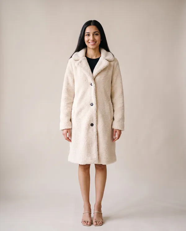 Button-Through Teddy Coat in Cream, front view, worn by Priya