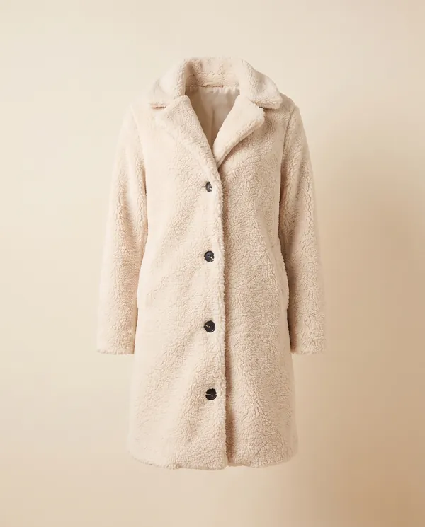 Button-Through Teddy Coat in Cream, product shot on a plain background