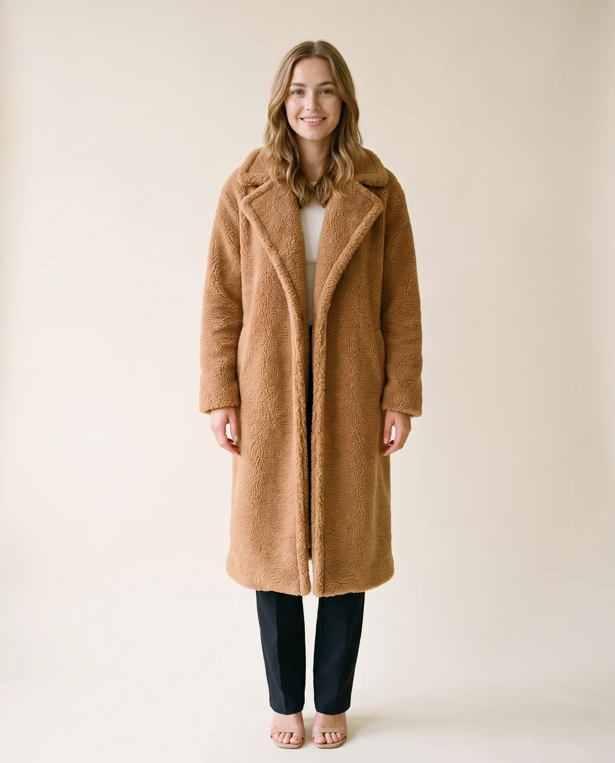 Open-Front Long Teddy Coat in Camel, front view, worn by Ava