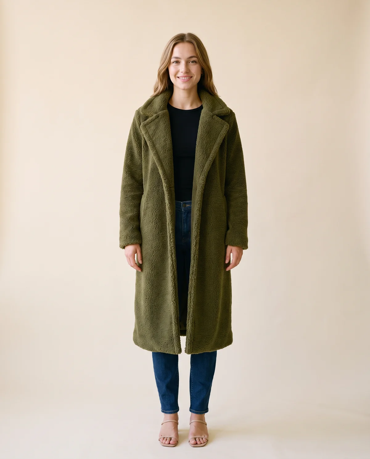 Open-Front Long Teddy Coat in Olive, front view, worn by Ava