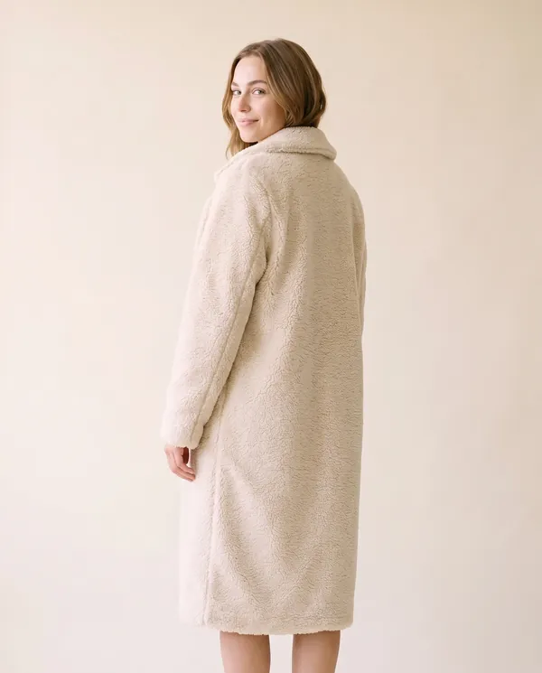 Open-Front Long Teddy Coat in Cream, back view, worn by Ava