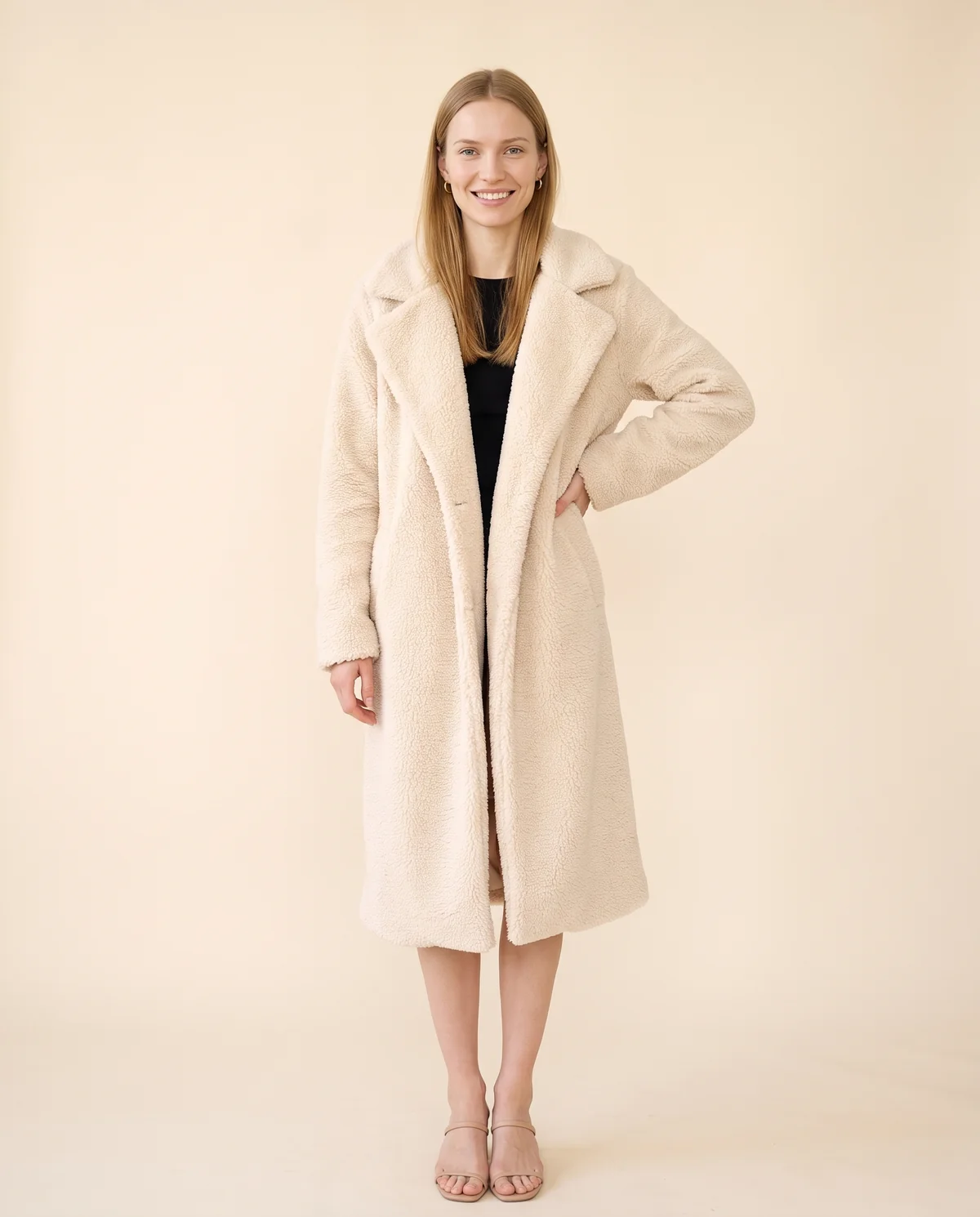 Open-Front Long Teddy Coat in Cream, front view, worn by Maya