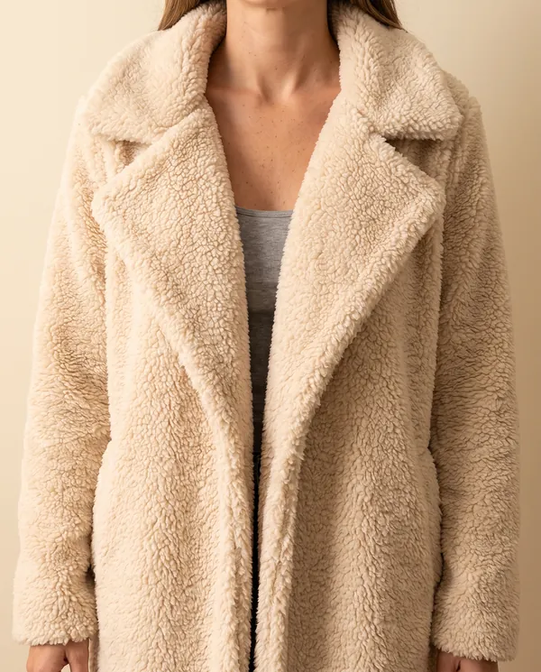 Open-Front Long Teddy Coat in Cream, close-up of the detail