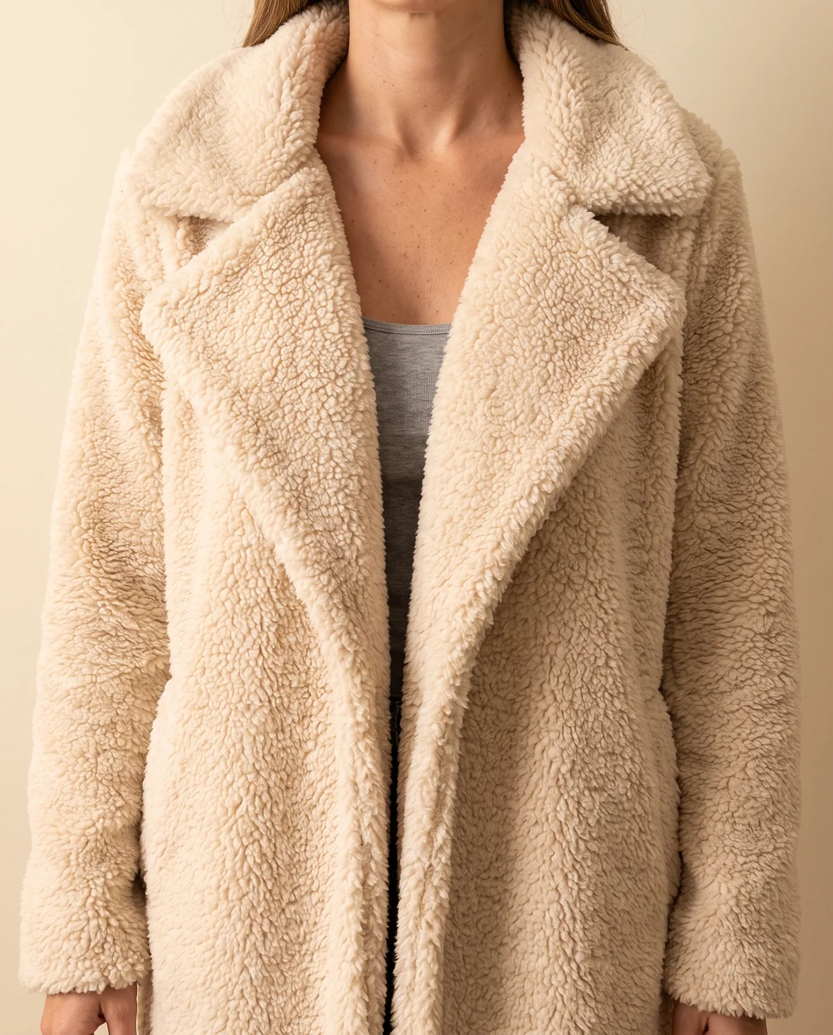 Open-Front Long Teddy Coat in Cream, close-up of the detail