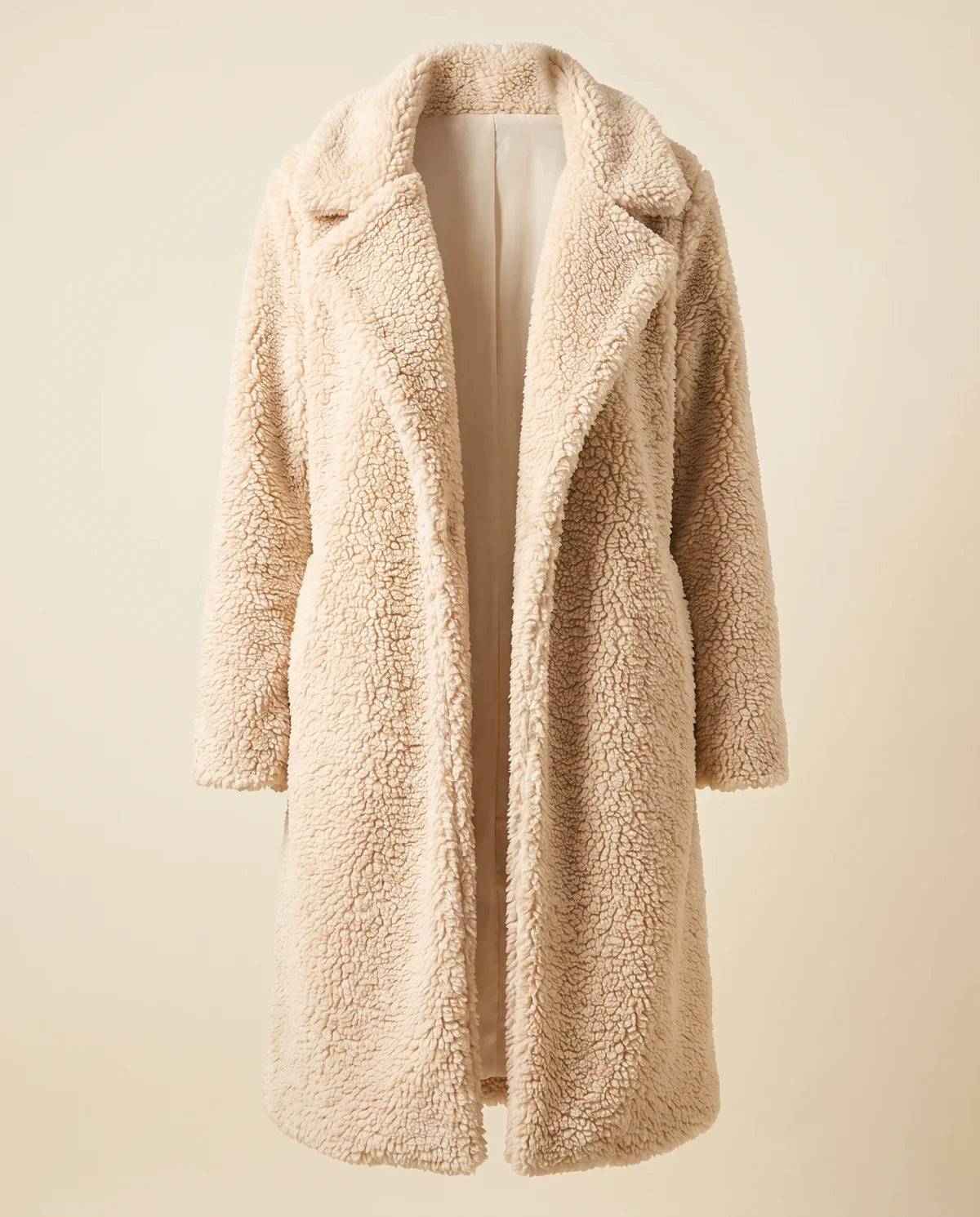 Open-Front Long Teddy Coat in Cream, product shot on a plain background