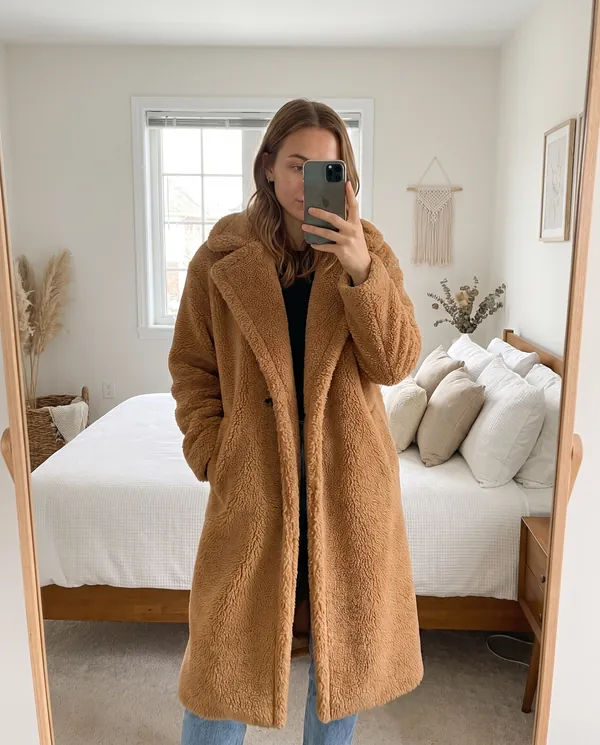 Satin Eve styling: Open-Front Long Teddy Coat