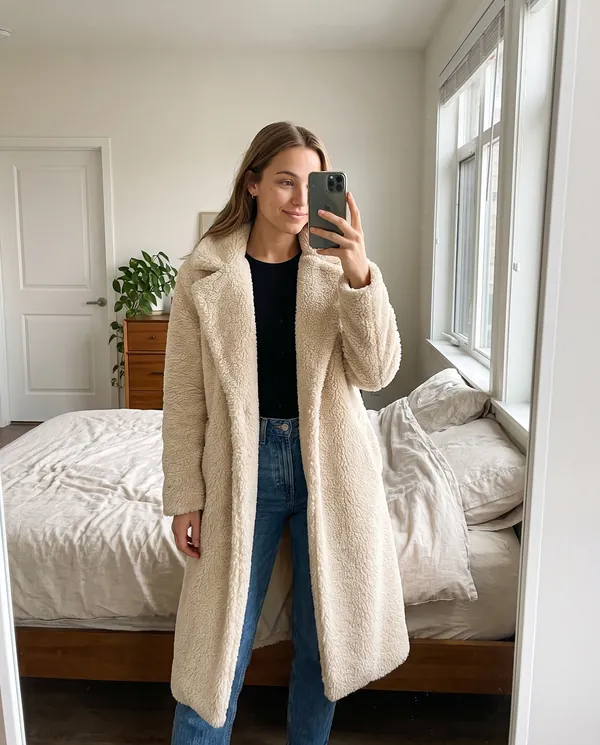 Satin Eve styling: Open-Front Long Teddy Coat