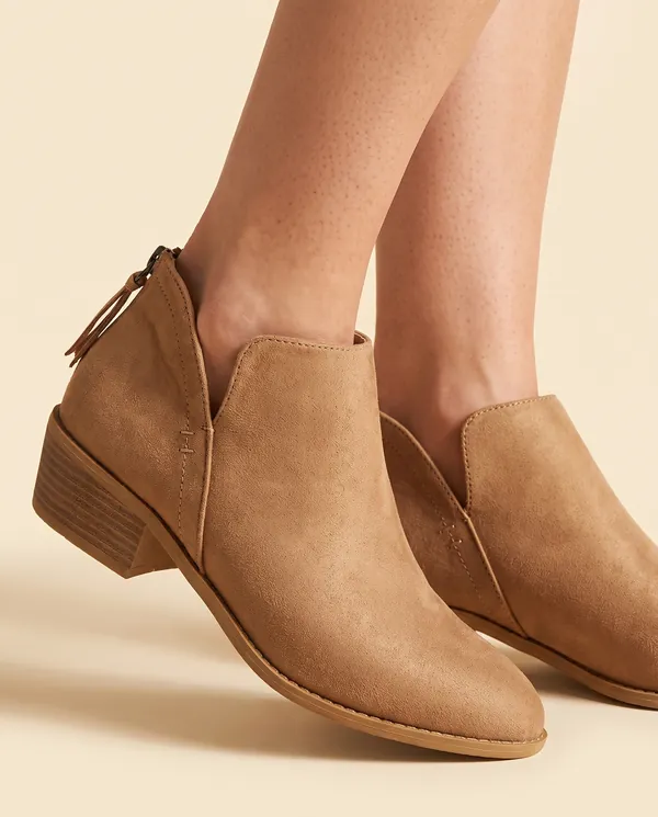 Faux Suede V-Cut Block-Heel Ankle Boot in Camel, close-up of the detail