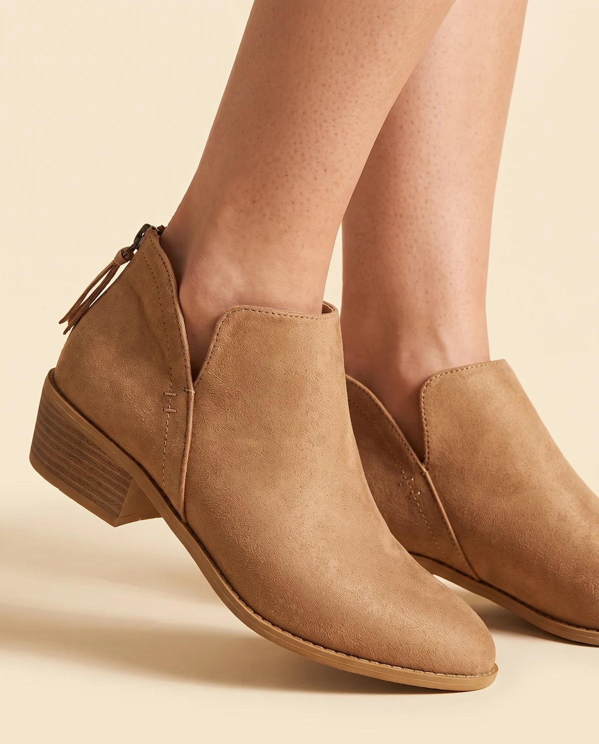 Faux Suede V-Cut Block-Heel Ankle Boot in Camel, close-up of the detail