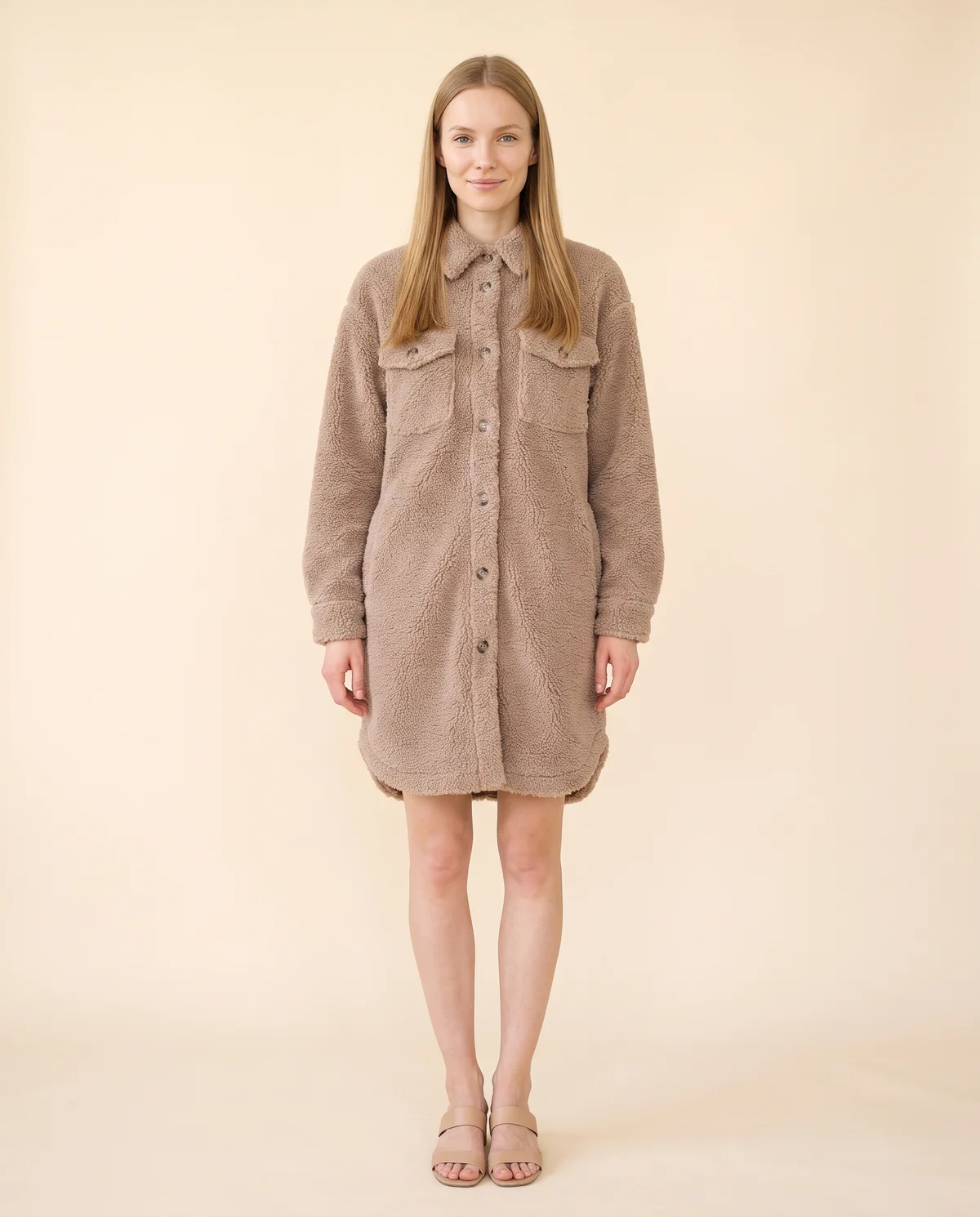 Teddy Shirt Coat in Taupe, front view, worn by Maya