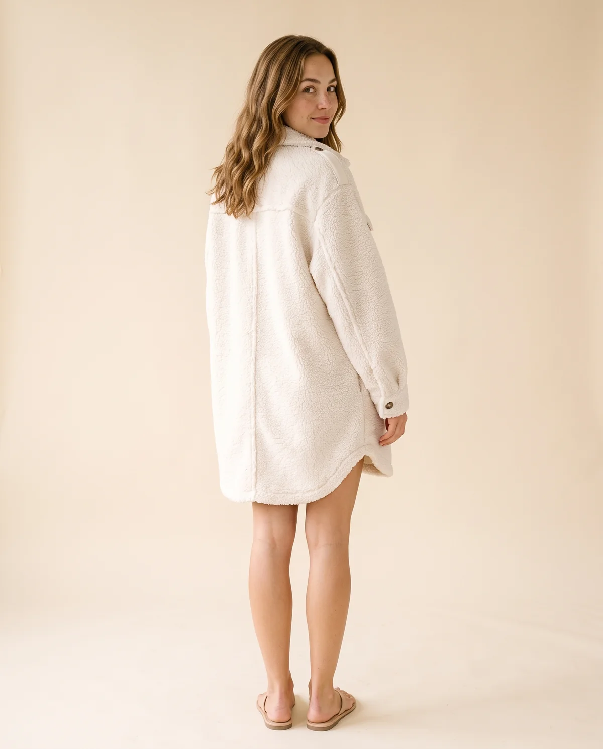 Teddy Shirt Coat in White, back view, worn by Ava