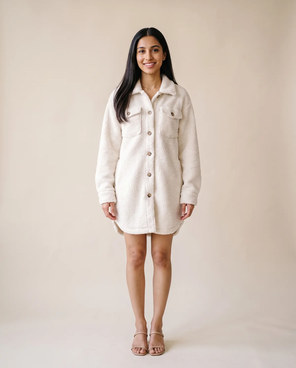 Teddy Shirt Coat in White, front view, worn by Priya
