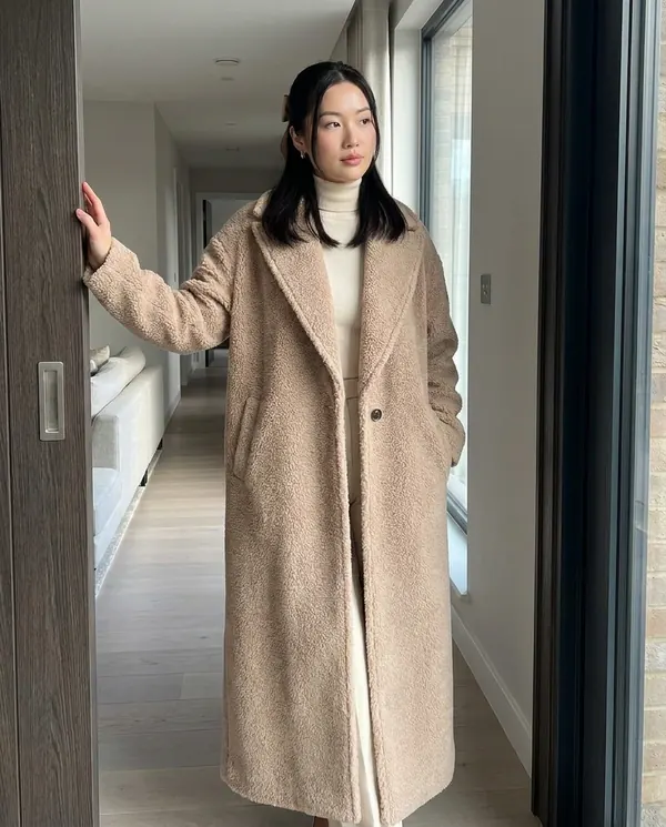 Satin Eve styling: Maxi Teddy Coat