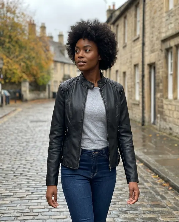 Satin Eve styling: Faux Leather Slim Stand-Collar Biker Jacket