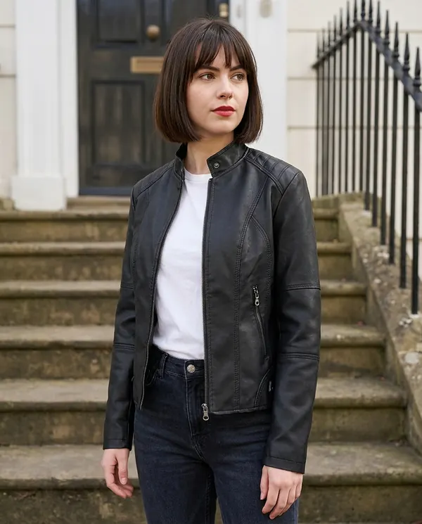 Satin Eve styling: Faux Leather Slim Stand-Collar Biker Jacket