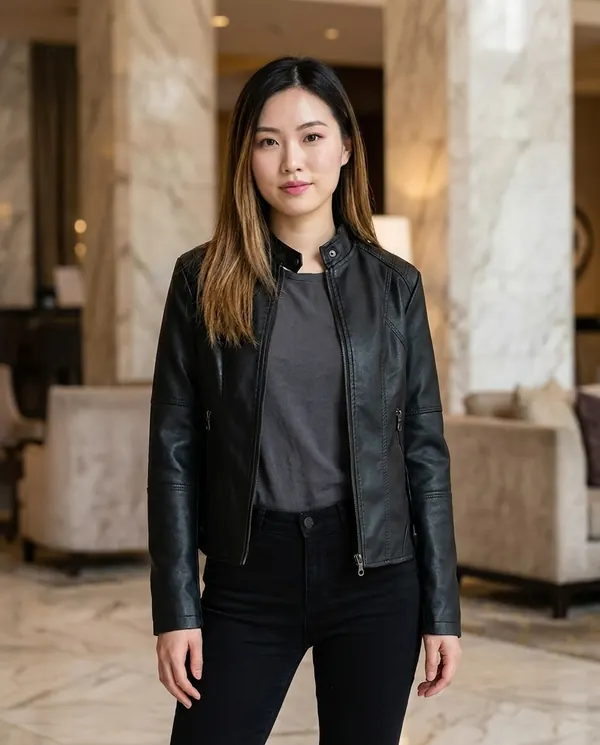 Satin Eve styling: Faux Leather Slim Stand-Collar Biker Jacket