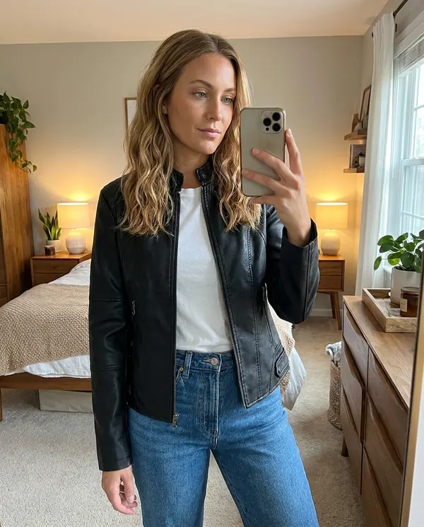 Satin Eve styling: Faux Leather Slim Stand-Collar Biker Jacket