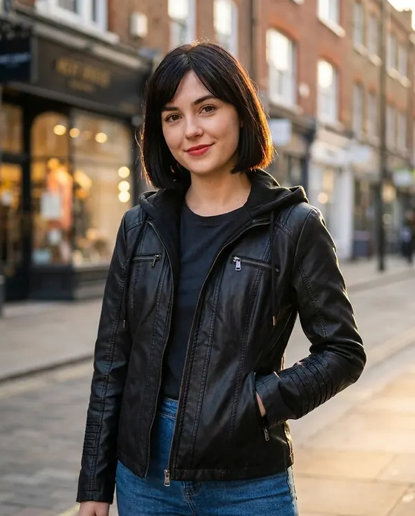 Satin Eve styling: Faux Leather Biker Jacket with Soft Hood
