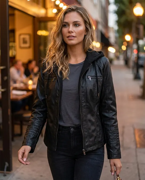 Satin Eve styling: Faux Leather Biker Jacket with Soft Hood