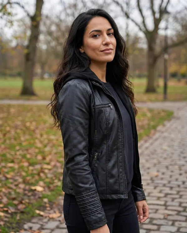 Satin Eve styling: Faux Leather Biker Jacket with Soft Hood