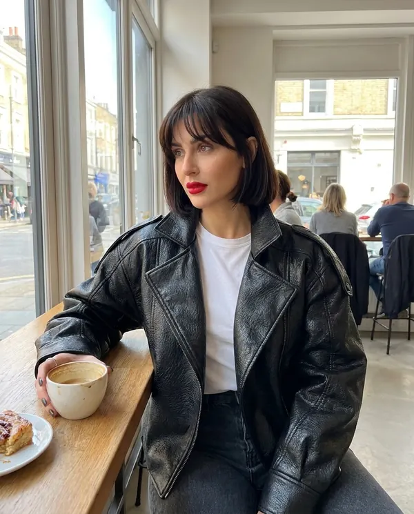 Satin Eve styling: Oversized Crinkled Faux Leather Moto Jacket