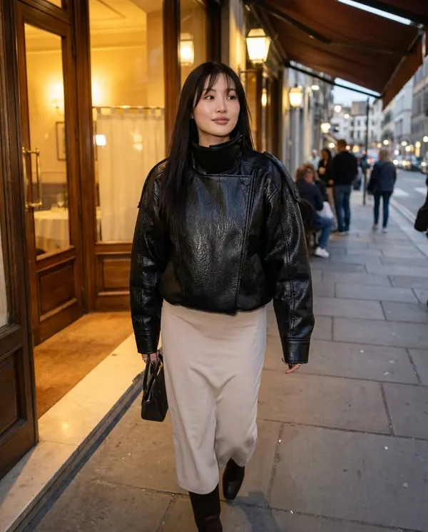 Satin Eve styling: Oversized Crinkled Faux Leather Moto Jacket