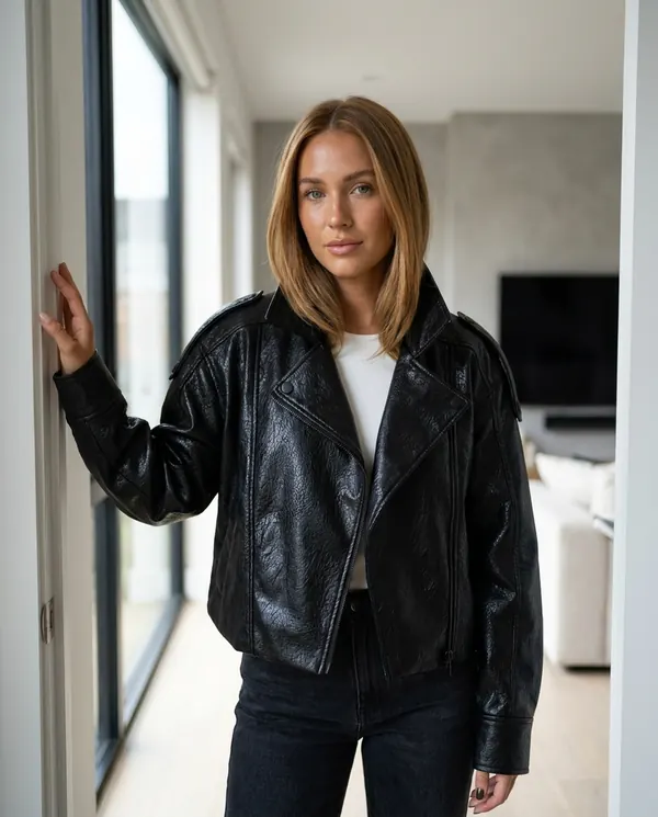 Satin Eve styling: Oversized Crinkled Faux Leather Moto Jacket