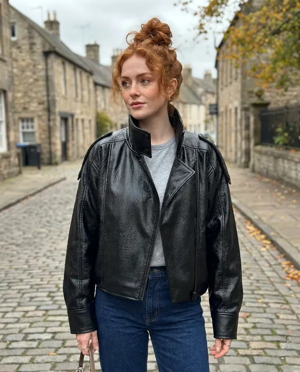 Satin Eve styling: Oversized Crinkled Faux Leather Moto Jacket