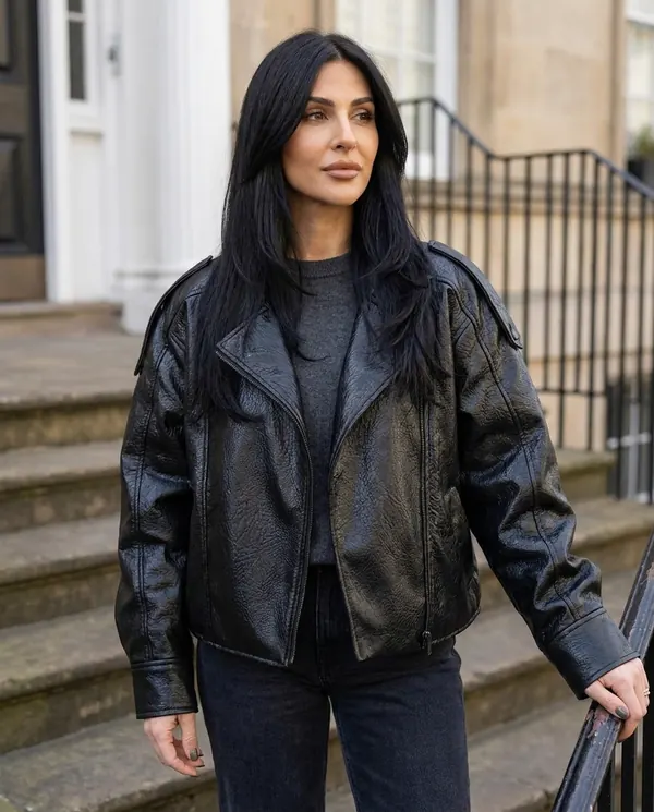 Satin Eve styling: Oversized Crinkled Faux Leather Moto Jacket