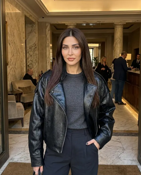 Satin Eve styling: Oversized Crinkled Faux Leather Moto Jacket