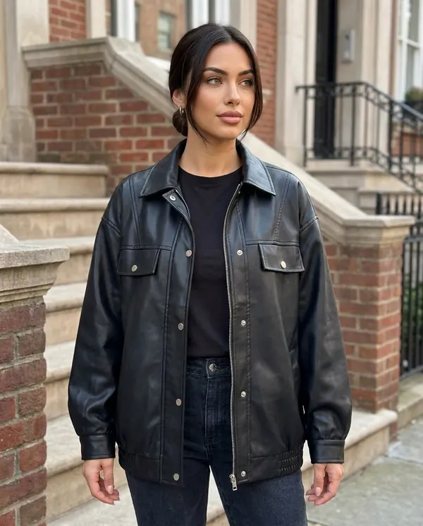 Satin Eve styling: Faux Leather Oversized Snap Shacket